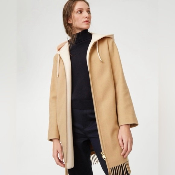 CLUB MONACO Kadeejah Wool Coat Hooded Jacket Fringe Camel Size Small - Picture 1 of 14